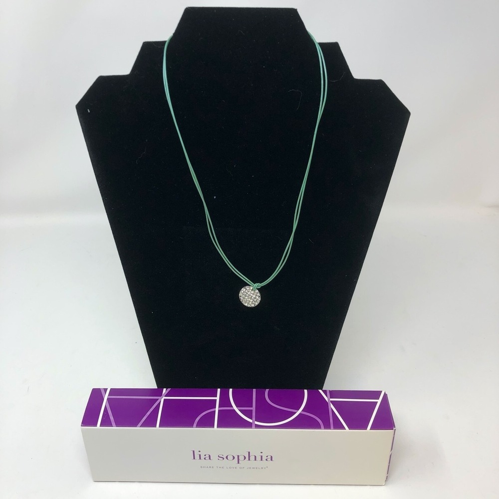 Lia Sophia Necklace Aqua Corded Silver Tone Beaded‎ Disk Spotlight